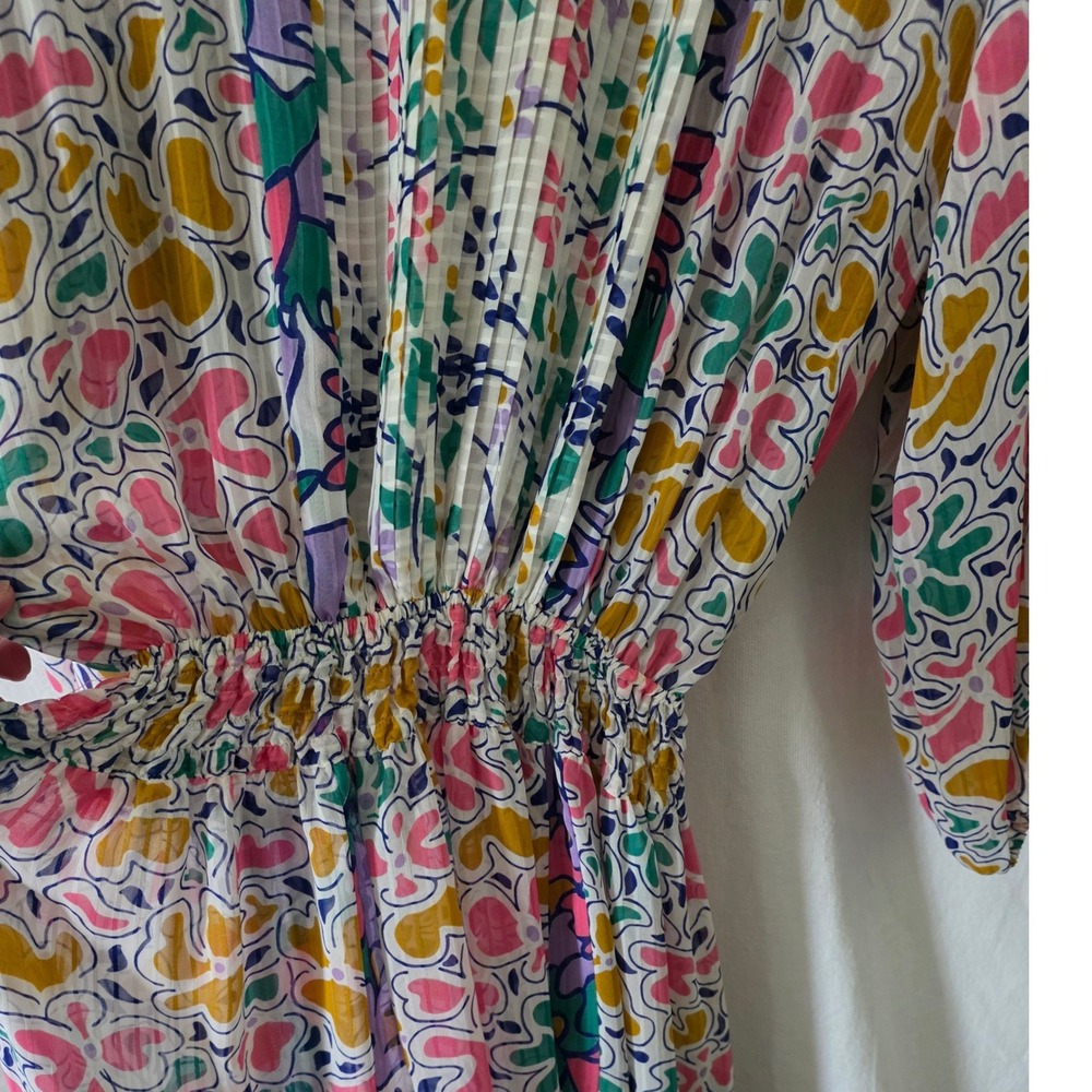 Vintage 80's Mosaic Floral Mixed Print Pleated Sheer Midi Dress Small Vivid Fun - Picture 5 of 14